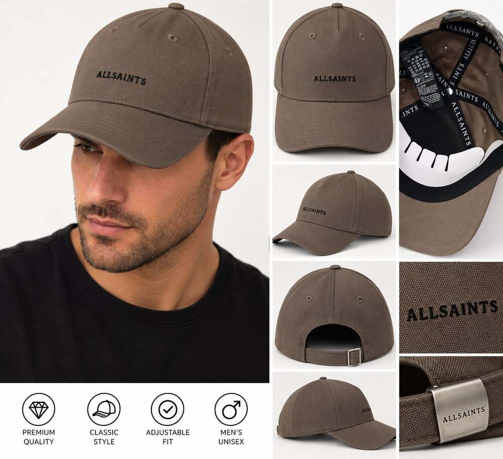 ALLSAINTS 100% Cotton Khaki & Black Logo Baseball Cap Embroidered Logo OS NWT